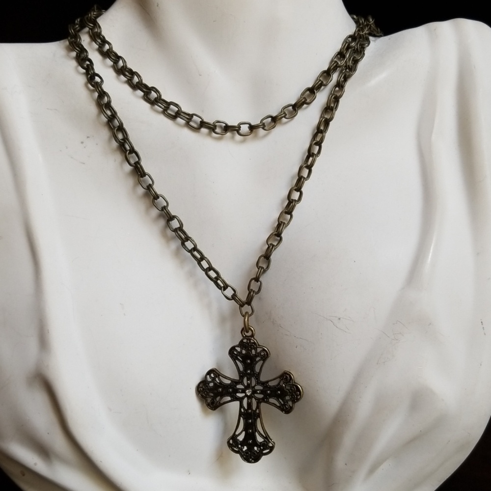 Rustic Cross Pendant Necklace Antique Goldtone Hand Crafted - Picture 8 of 10